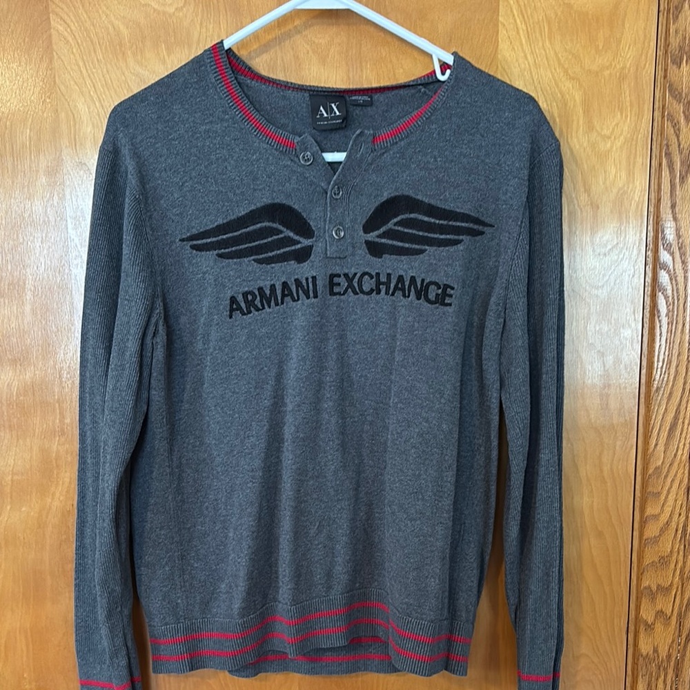 Armani Exchange Gray Sweater with Red Accents